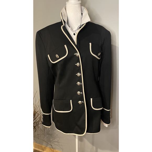 Vintage Moschery 100% Wool Black Blazer Jacket Sz 12 Made in USA Contrast Trim - Picture 1 of 16